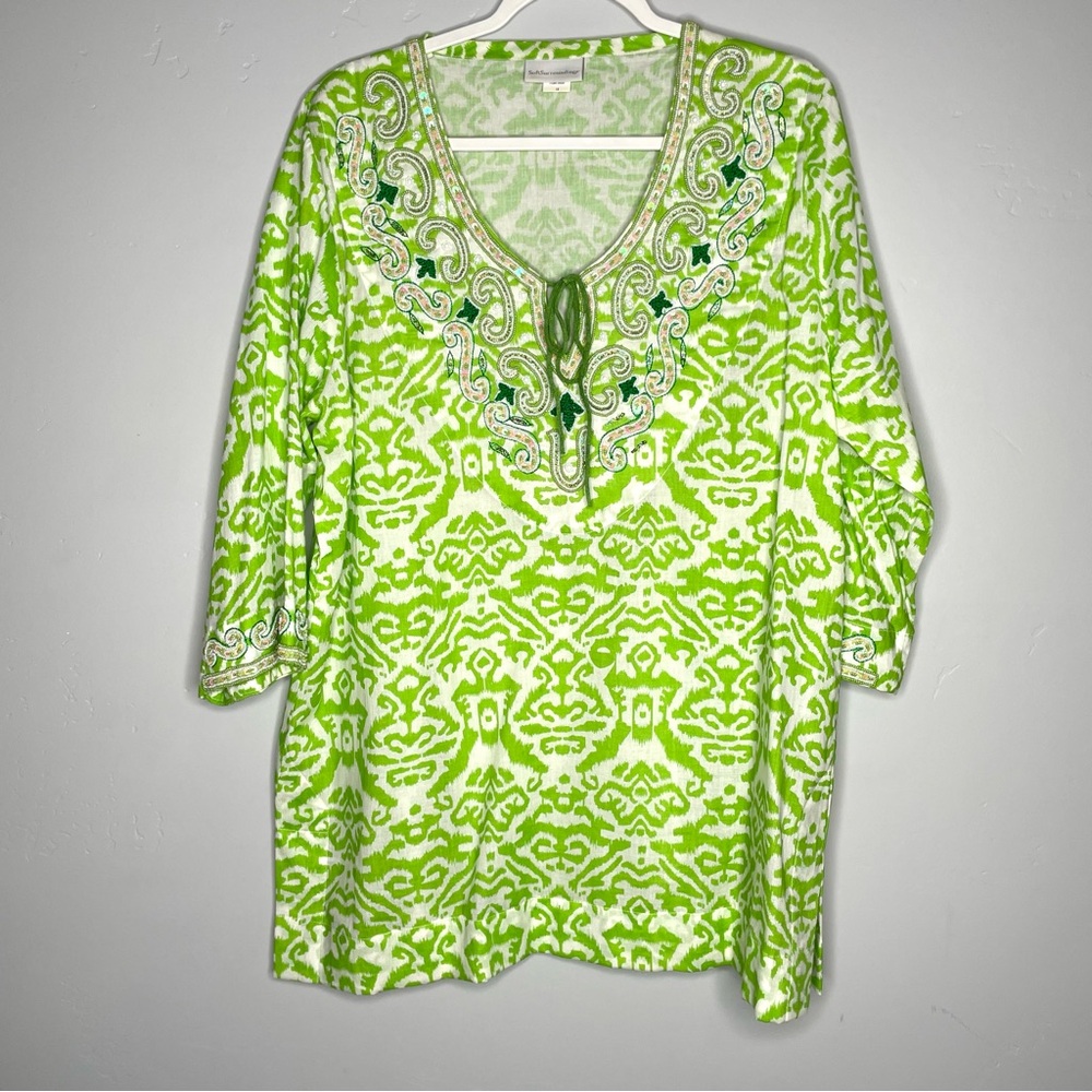 Soft Surroundings Beaded Tunic‎ Top Size 1X 3/4 Sleeve Green White Pattern Plus